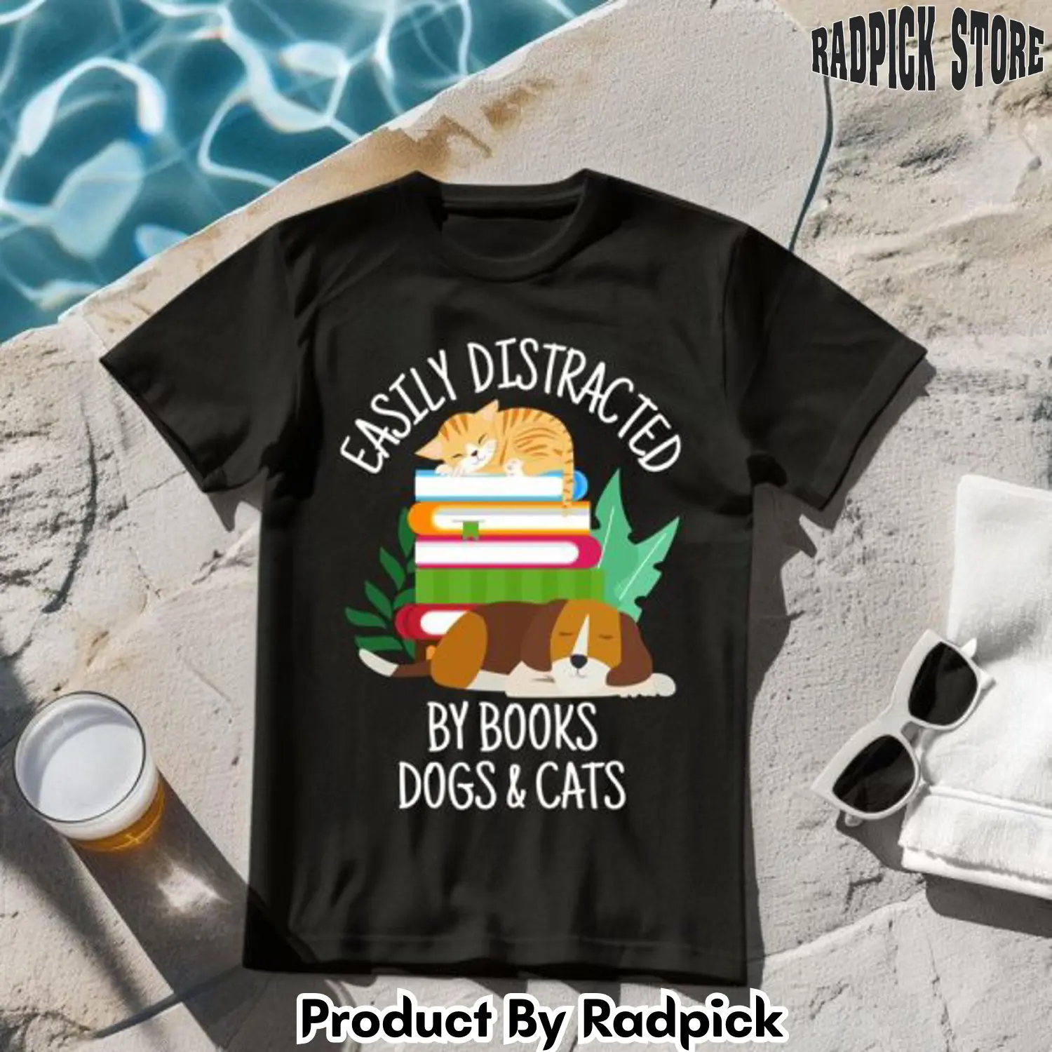 Easily distracted by dogs cats and books tshirt rp2557863